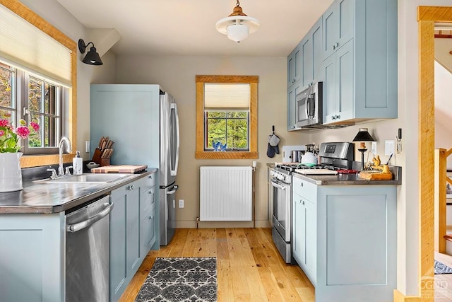 214 Fog Hill Rd, Austerlitz, NY 12017 - kitchen featuring appliances with stainless steel finishes, radiator heating unit, a sink, light wood finished floors, and dark countertops