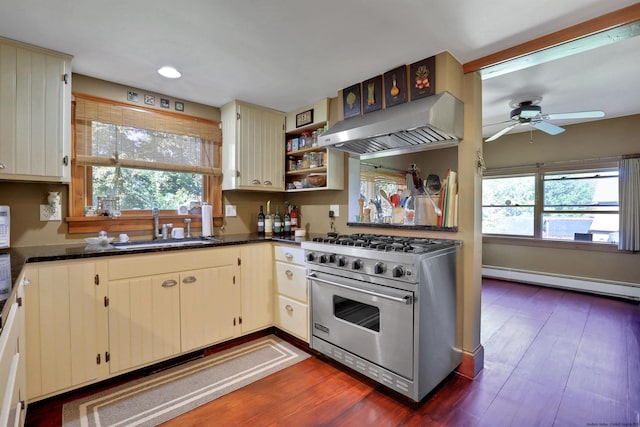 kitchen featuring sink, baseboard heating, range hood, plenty of natural light, and designer stove