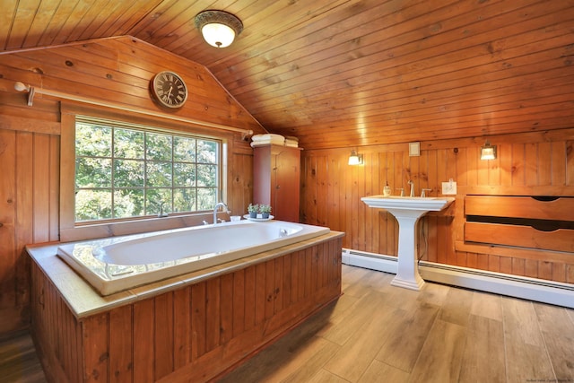 bathroom featuring a baseboard heating unit, wood-type flooring, wooden ceiling, lofted ceiling, and wood walls