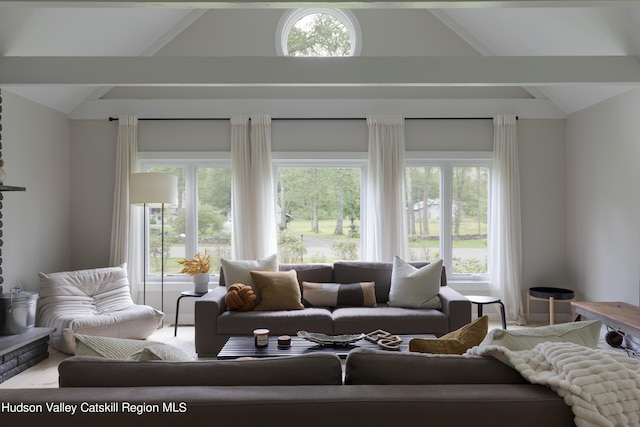 living room featuring vaulted ceiling with beams and a healthy amount of sunlight