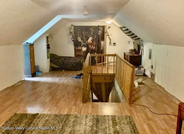 additional living space featuring vaulted ceiling and hardwood / wood-style flooring