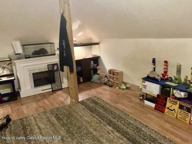 interior space featuring wood-type flooring and vaulted ceiling