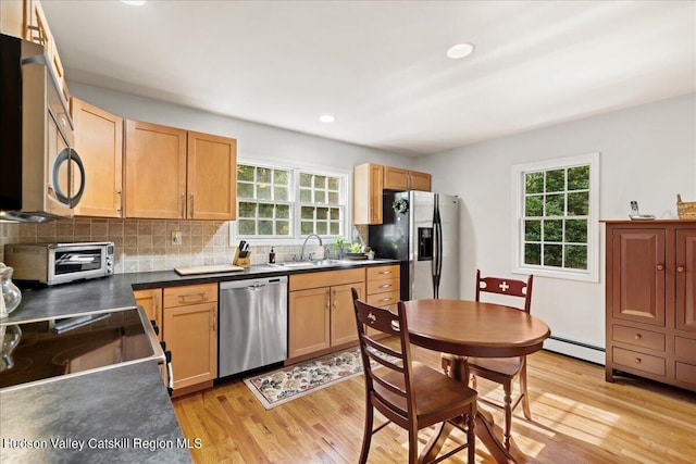 kitchen with sink, plenty of natural light, light wood-type flooring, and appliances with stainless steel finishes