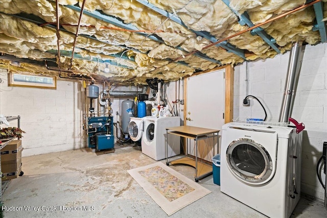 laundry room with washer and dryer, a heating unit, and laundry area