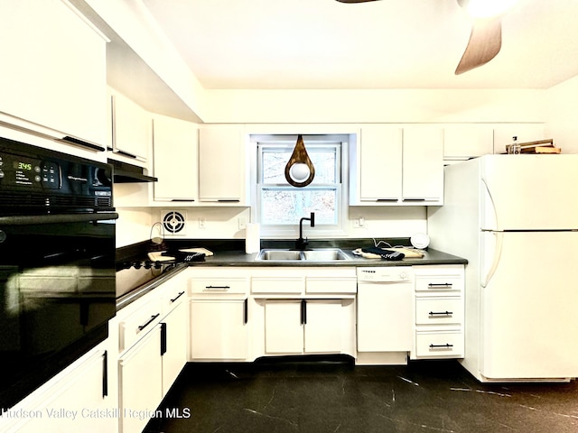 32 Redwood Rd, Saugerties, NY 12477 - kitchen featuring white appliances, white cabinets, under cabinet range hood, a sink, and dark countertops