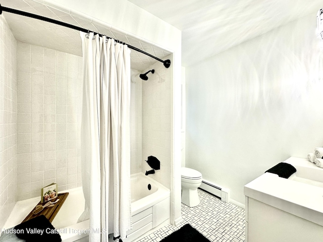 32 Redwood Rd, Saugerties, NY 12477 - full bath featuring vanity, tile patterned floors, toilet, shower / bathtub combination with curtain, and a baseboard radiator