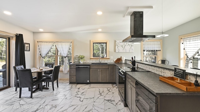 kitchen with pendant lighting, black electric range oven, dishwashing machine, island exhaust hood, and kitchen peninsula