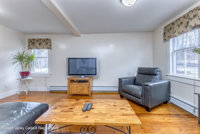 sitting room featuring light wood-type flooring, baseboards, and a baseboard heating unit