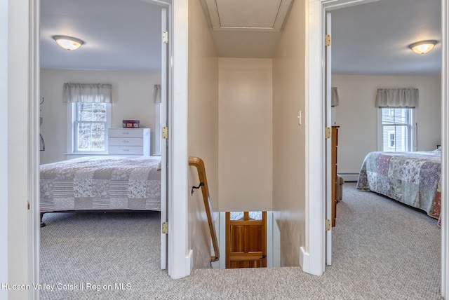 hall featuring carpet floors and an upstairs landing