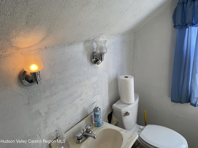 bathroom with toilet, sink, a textured ceiling, and vaulted ceiling