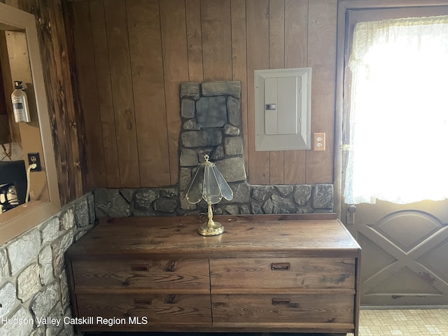 interior details featuring electric panel and wooden walls