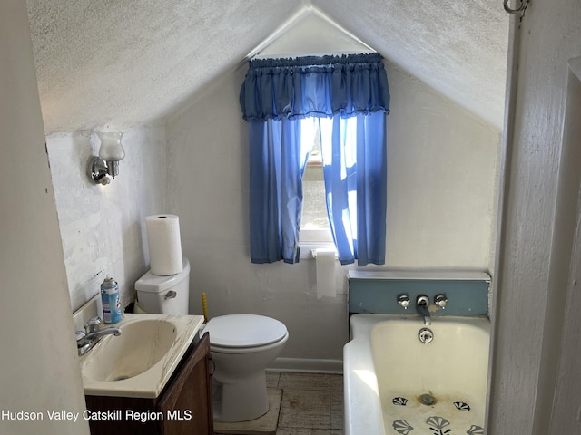 bathroom with toilet, a textured ceiling, vanity, a tub, and lofted ceiling