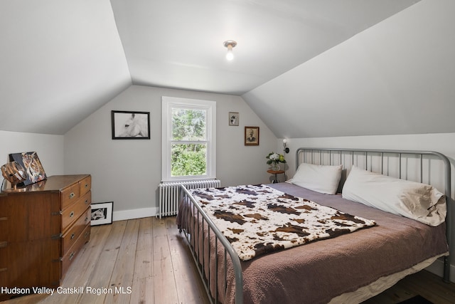 766 County Route 2, Accord, NY 12404 - bedroom featuring radiator heating unit, light wood-type flooring, vaulted ceiling, and baseboards