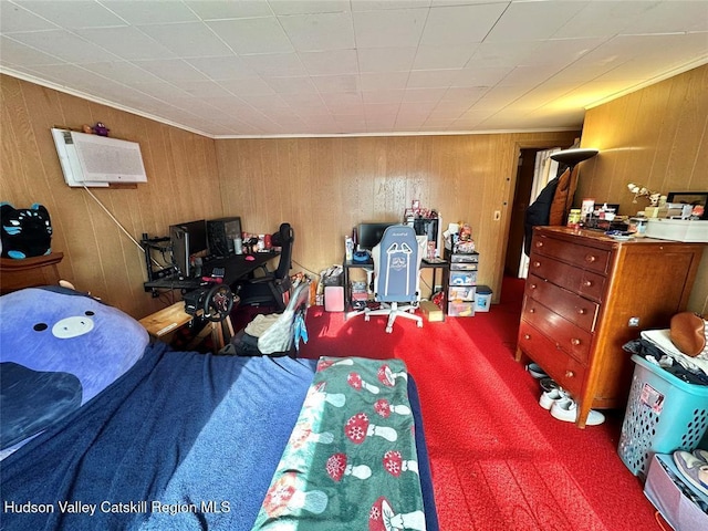 bedroom featuring wood walls