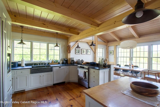 23 Raccoon Forks Rd, Old Chatham, NY 12136 - kitchen with stainless steel gas range oven, a sink, wooden ceiling, light wood finished floors, and healthy amount of natural light