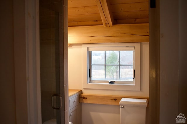 23 Raccoon Forks Rd, Old Chatham, NY 12136 - bathroom with toilet, a stall shower, and beamed ceiling