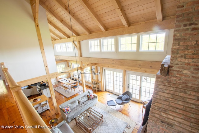 23 Raccoon Forks Rd, Old Chatham, NY 12136 - living area featuring wooden ceiling, beamed ceiling, wood finished floors, and high vaulted ceiling