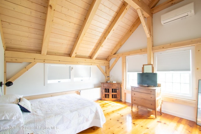23 Raccoon Forks Rd, Old Chatham, NY 12136 - bedroom featuring wood ceiling, a wall unit AC, wood finished floors, and radiator heating unit