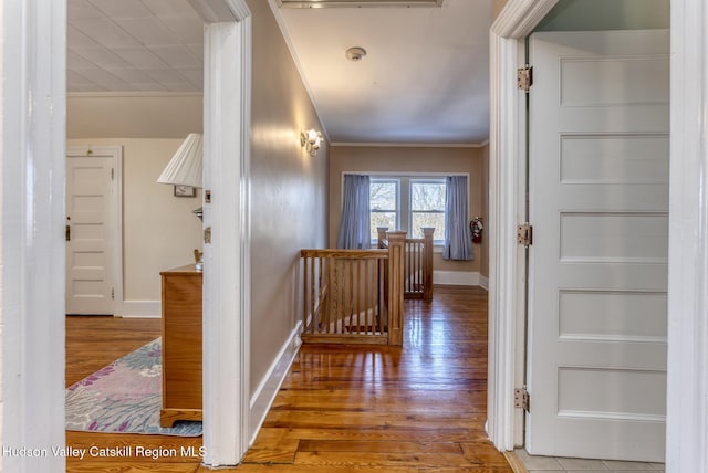 corridor with wood-type flooring and ornamental molding