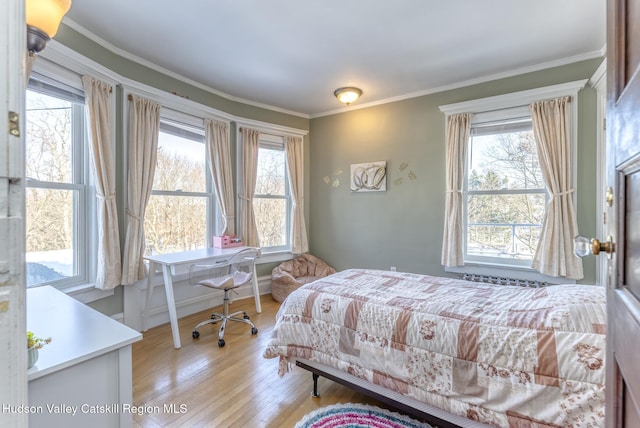 bedroom with crown molding and light hardwood / wood-style flooring