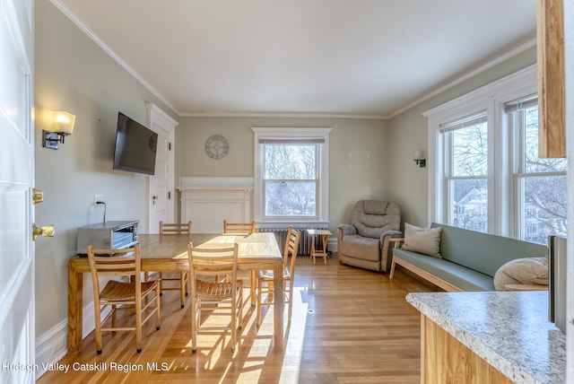 living room with ornamental molding, radiator, and light hardwood / wood-style flooring