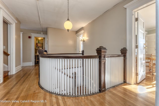 hallway with hardwood / wood-style flooring and crown molding