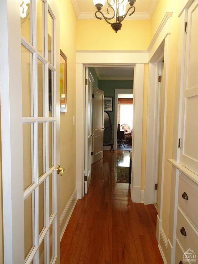 19 Aitken Ave, Hudson, NY 12534 - hallway with ornamental molding, a chandelier, dark wood-type flooring, and baseboards