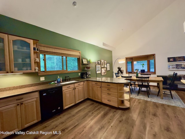 927 Queens Hwy, Accord, NY 12404 - kitchen featuring open shelves, dishwasher, light brown cabinets, a peninsula, and high vaulted ceiling
