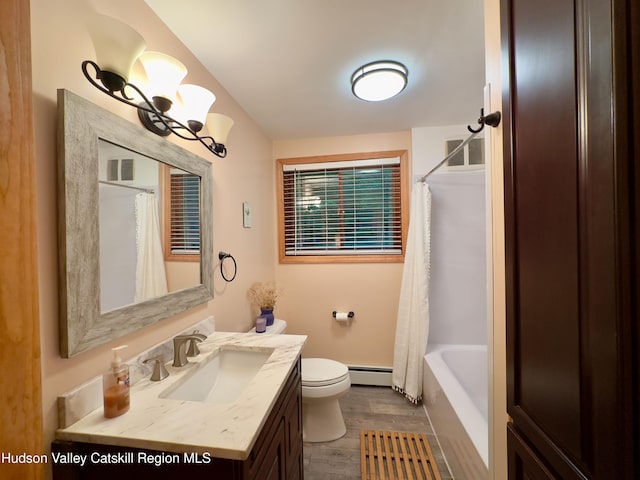 927 Queens Hwy, Accord, NY 12404 - full bath featuring wood finished floors, vanity, a baseboard radiator, and shower / tub combo with curtain