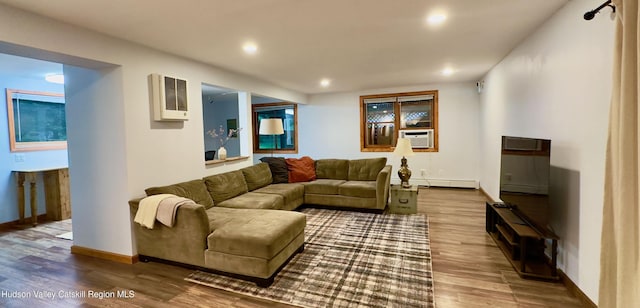 927 Queens Hwy, Accord, NY 12404 - living room with wood finished floors, a baseboard heating unit, recessed lighting, and cooling unit