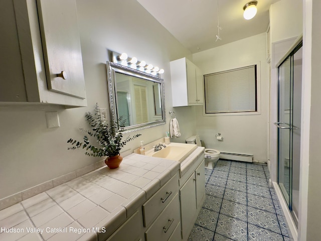927 Queens Hwy, Accord, NY 12404 - full bathroom with vanity, tile patterned flooring, a stall shower, and baseboard heating