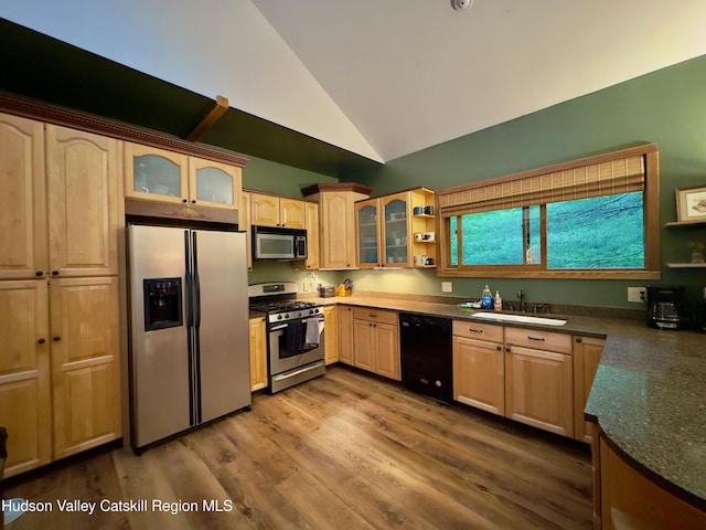 927 Queens Hwy, Accord, NY 12404 - kitchen featuring appliances with stainless steel finishes, wood finished floors, open shelves, high vaulted ceiling, and glass insert cabinets