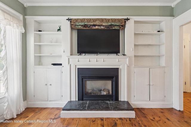 272 Main St, Middleburgh, NY 12122 - detailed view of wood finished floors, a glass covered fireplace, crown molding, and built in features