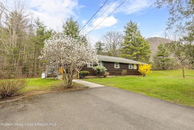 view of front of property featuring a mountain view and a front lawn