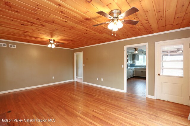 spare room featuring light hardwood / wood-style floors, wooden ceiling, and ornamental molding