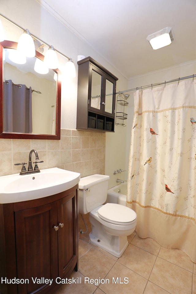 full bathroom with tasteful backsplash, tile patterned floors, vanity, crown molding, and toilet