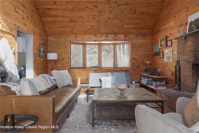 living area with wooden walls, a brick fireplace, wood ceiling, and vaulted ceiling