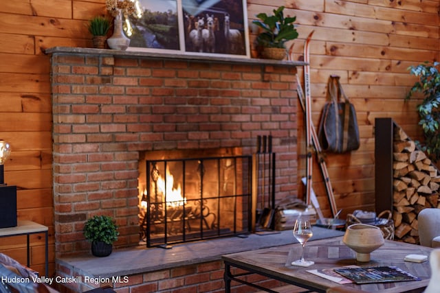 interior details with wooden walls and a fireplace