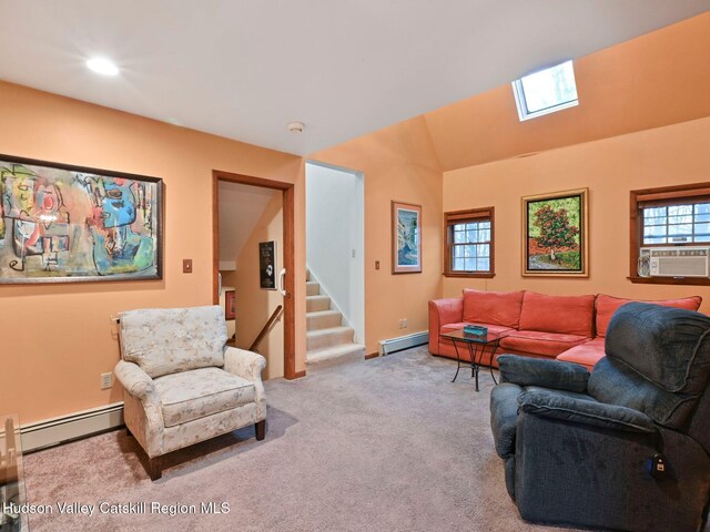 living room with cooling unit, light colored carpet, a baseboard radiator, and vaulted ceiling