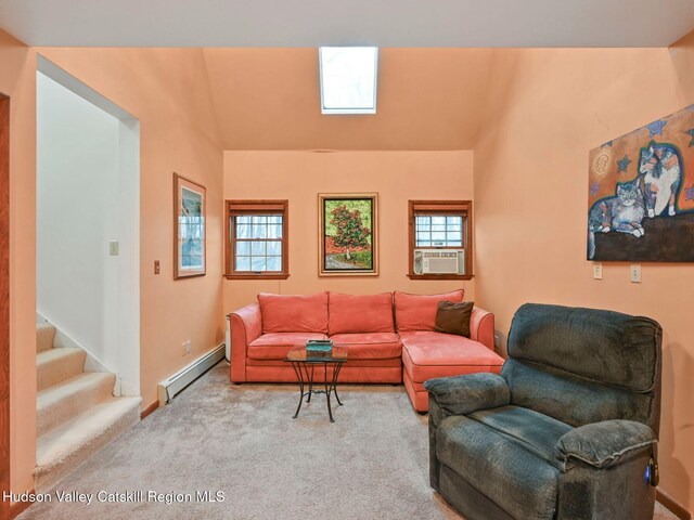 living room with carpet, cooling unit, and a baseboard radiator