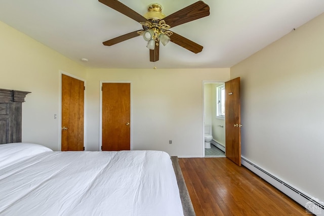 1536 State Route 213, Marbletown, NY 12440 - bedroom with a baseboard radiator, wood finished floors, ceiling fan, and connected bathroom