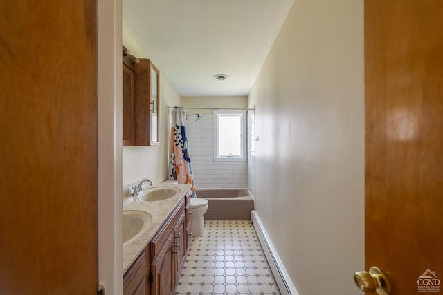 1536 State Route 213, Marbletown, NY 12440 - full bathroom with double vanity, shower / tub combo, a baseboard radiator, and tile patterned floors