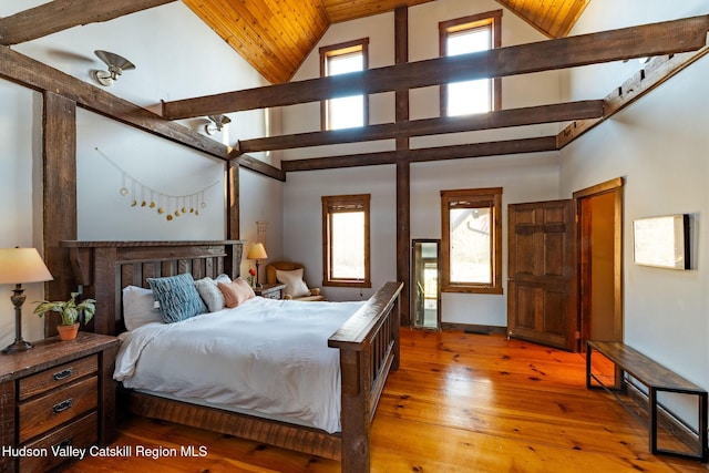 bedroom with light wood-type flooring, multiple windows, lofted ceiling, and wooden ceiling