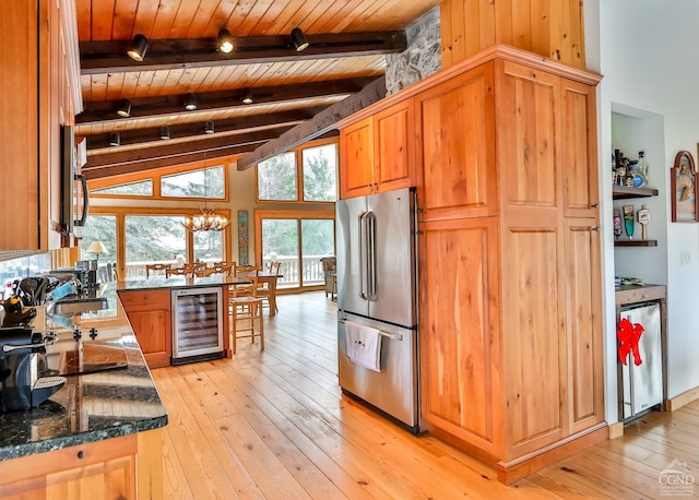 90 Club Rd, Windham, NY 12496 - kitchen featuring freestanding refrigerator, wine cooler, wood ceiling, light wood-style floors, and beam ceiling