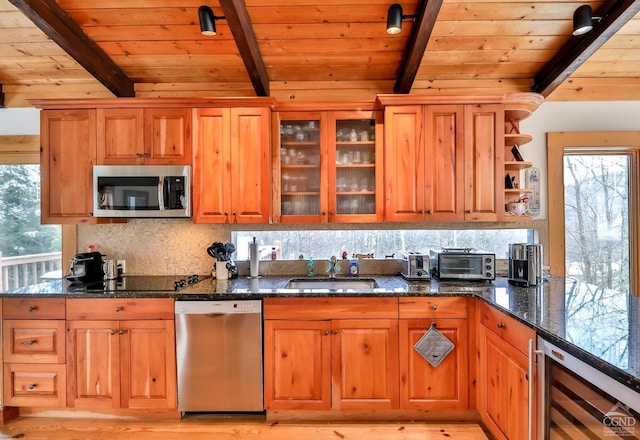 90 Club Rd, Windham, NY 12496 - kitchen featuring appliances with stainless steel finishes, beverage cooler, wood ceiling, a sink, and beam ceiling