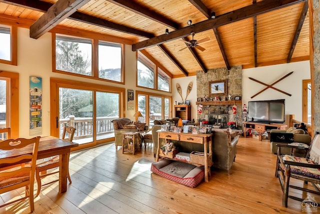 90 Club Rd, Windham, NY 12496 - living area with wood ceiling, a ceiling fan, beamed ceiling, light wood-type flooring, and high vaulted ceiling