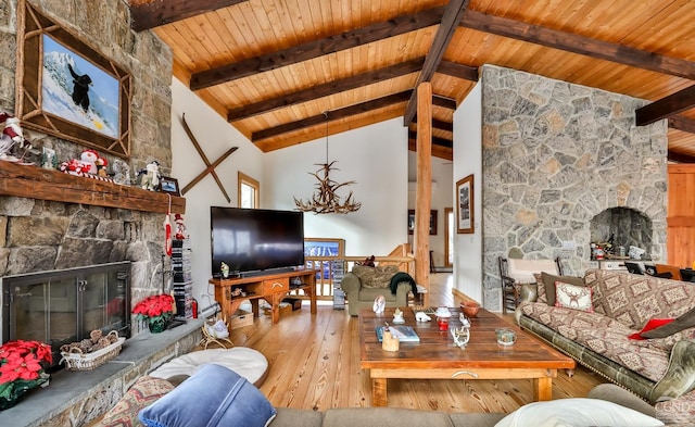90 Club Rd, Windham, NY 12496 - living room featuring a fireplace, wood-type flooring, beam ceiling, wooden ceiling, and high vaulted ceiling