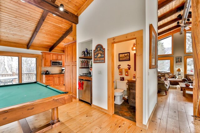 90 Club Rd, Windham, NY 12496 - recreation room featuring wood ceiling, high vaulted ceiling, light wood-style flooring, beamed ceiling, and billiards table