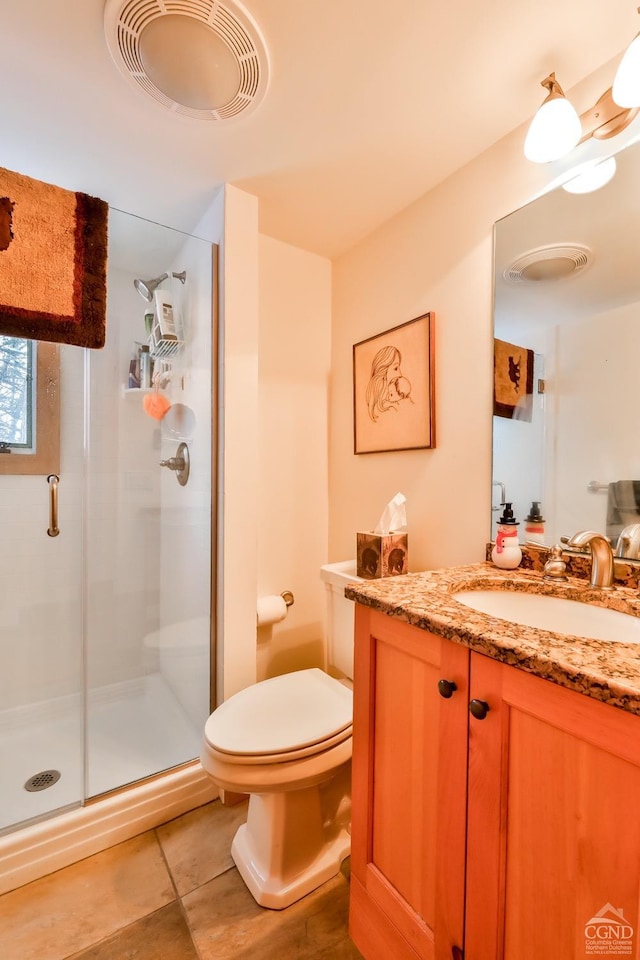 90 Club Rd, Windham, NY 12496 - full bathroom featuring a stall shower, tile patterned flooring, vanity, and toilet