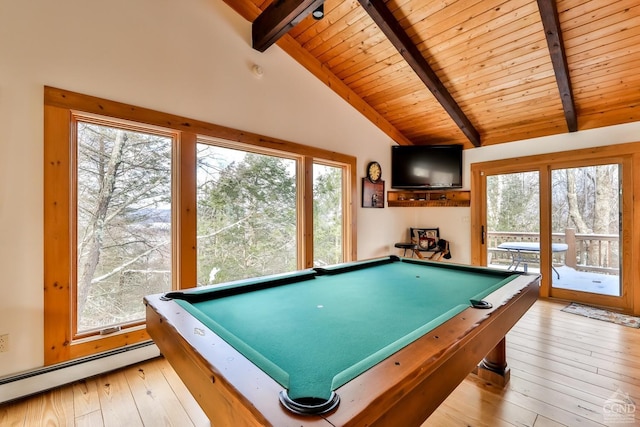 90 Club Rd, Windham, NY 12496 - game room with baseboard heating, pool table, wood ceiling, and hardwood / wood-style flooring